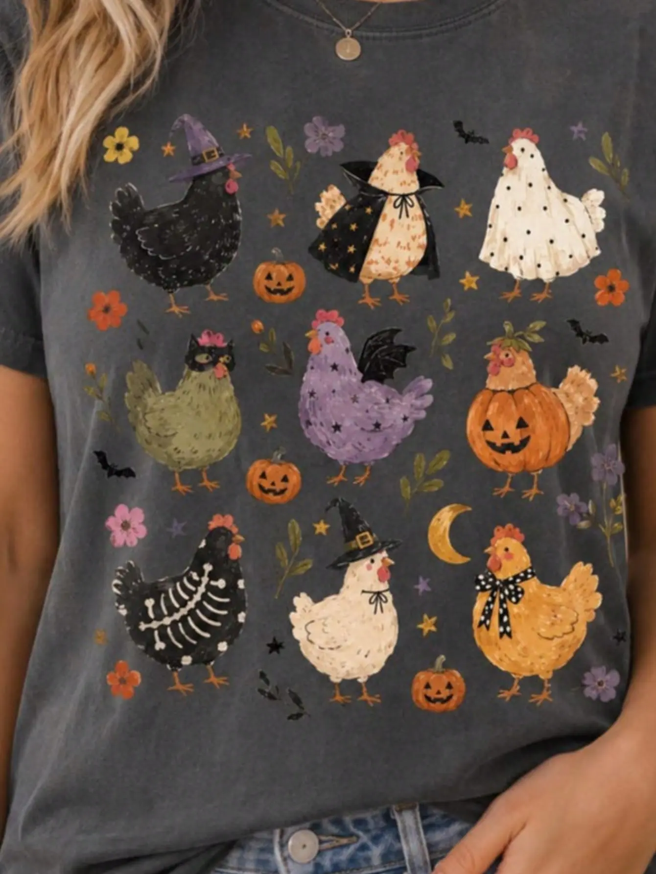 Women's Soft Crew Neck Sports T-Shirt - Cute Halloween Chicken, Witch, Skeleton, Pumpkin Prints - Breathable Fabric, Everyday Fit, Fall Aesthetic Vintage Casual Gift, Outfits Inspo