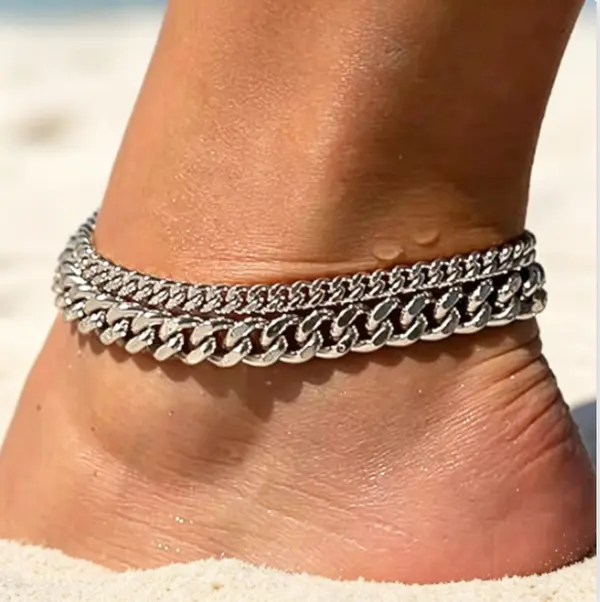 Double Layered Cuban Anklet - Thick-Thin Stackable Chains, Daily Casual & Outdoor Wear Accessory, Minimalist Light Luxury Ankle Jewelry, Leg Line-Modifying Layered Design