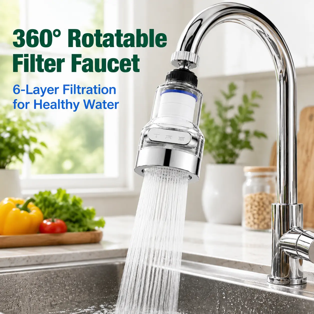 1-Pack 360° Rotating Faucet Aerator Filter, 6-Layer Filtration, 3 Water Modes, Splash-Free Faucet Filter for Kitchen Sink Fruit & Vegetable Cleaning