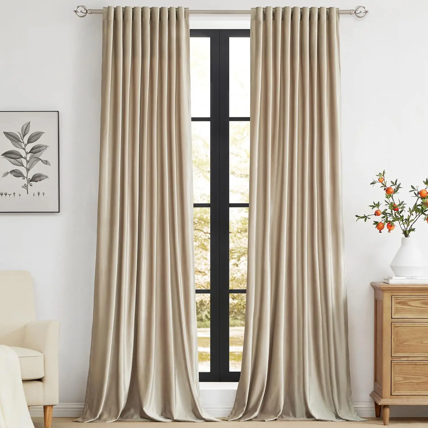 Champagne Polyester Velvet Room Darkening Blackout Curtains - 52w x 90l (Pack of 2) Panels, Heavy Fabric Rod Back Tab, Machine Washable Luxury Look Indoor Window Treatment for Living Room, Sliding Glass Door