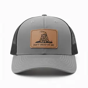 Don’t Tread On Me Leather Patch Trucker Hat – Gray Mesh Richardson 112 Snapback, Patriotic Gadsden Flag Cap for Everyday Wear