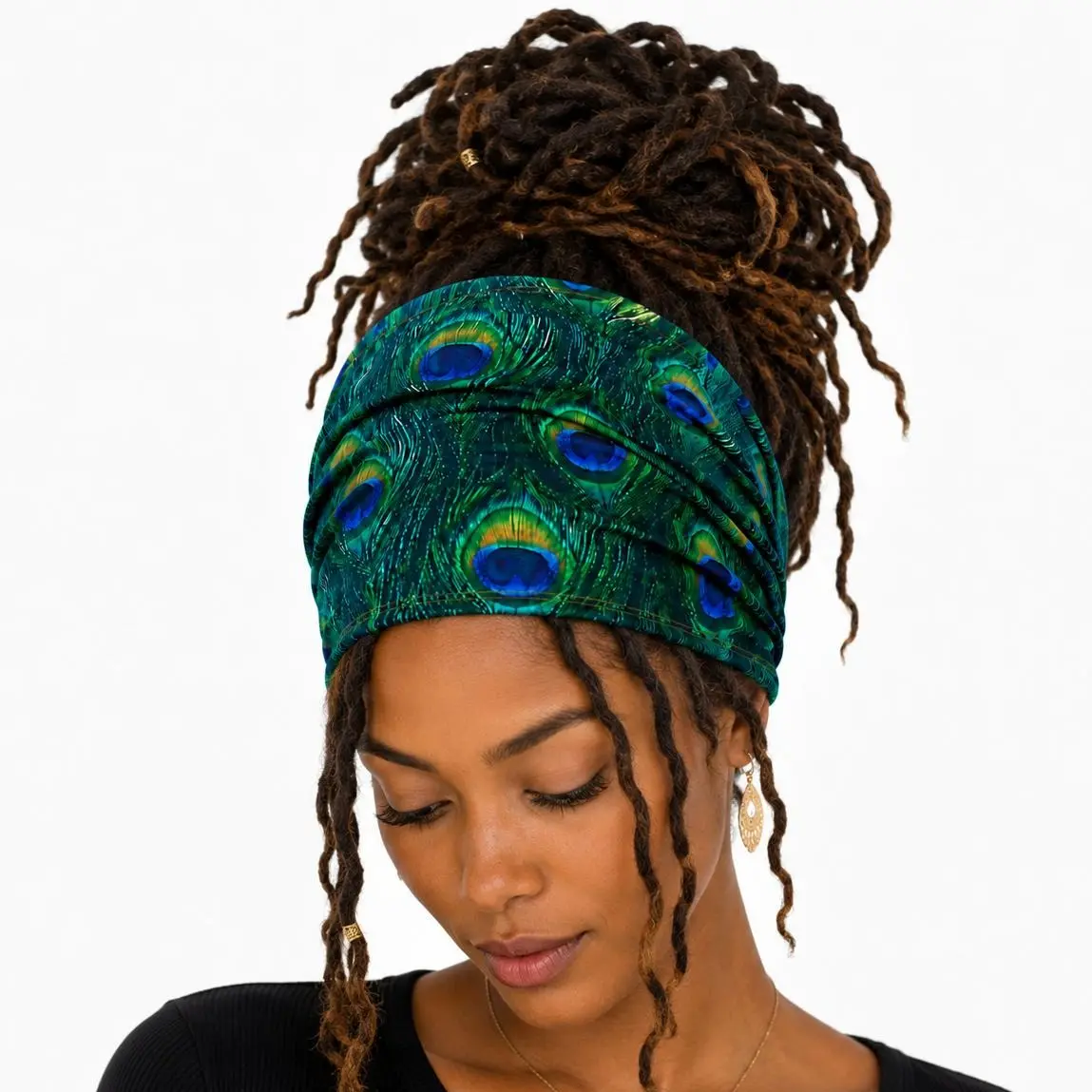 Handmade in USA | Extra Long Peacock Spandex Fabric Dreadlock Headband | Long Hair Tube for Braids and Dreadlocks, Dread Sock Hair Wrap, Boho Stretch Spandex Fabric Head Wrap, Loc Covering Headband for Dreads, Curly Hair & Hair Buns