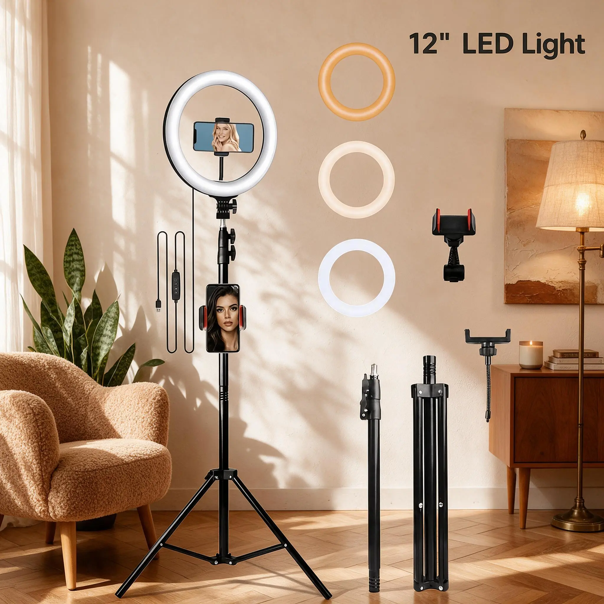 12 Inch Ring Light for Content Creators, 17‑57‑Inch Height‑Adjustable Tripod Stand, Universal Phone Mount, USB Supply, 10‑Step Dimming, Portable Studio‑Grade Lighting for TikTok Videos and Makeup Tutorials