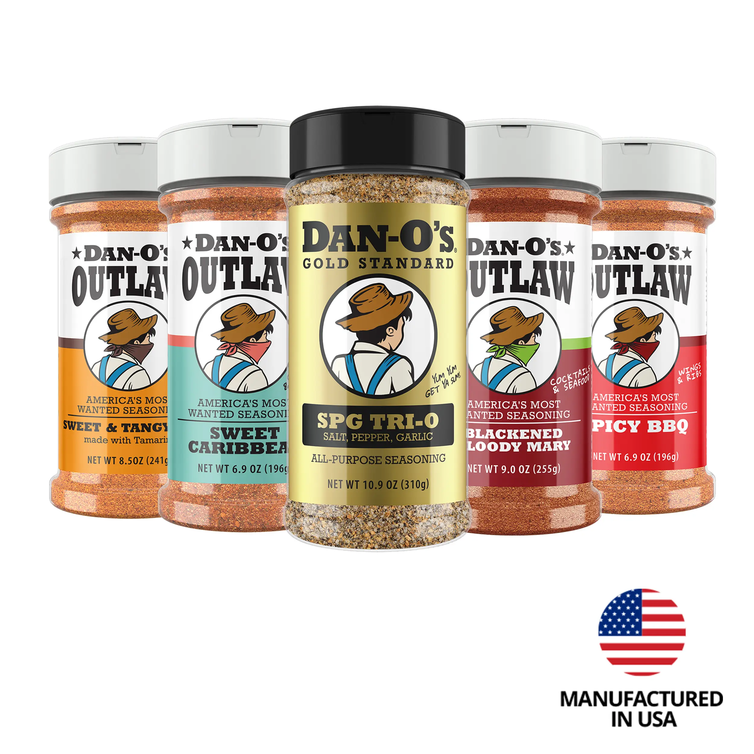 Dan-O's Grill Master's Bundle - SPG Tri-O, Blackened Bloody Mary, Sweet & Tangy BBQ, Sweet Caribbean, and Spicy BBQ - America's Most Wanted Seasoning for Grilling, Seafood, Cocktails and More