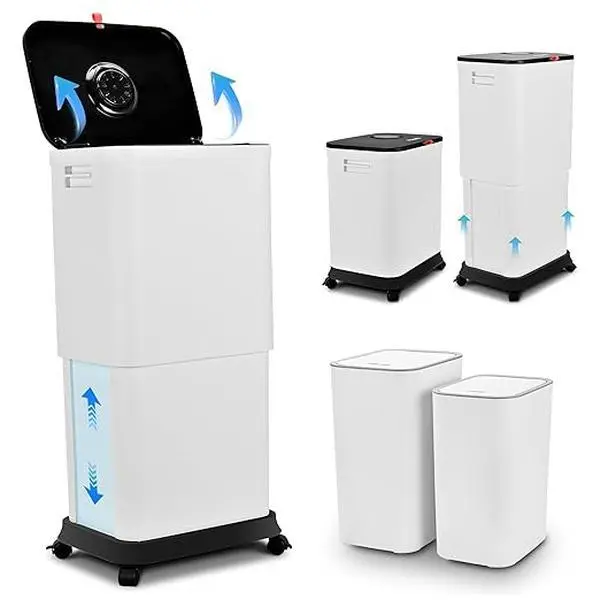 Pukomc 3-Piece Plastic Telescopic Kitchen Waste Bin Set with Lid, Tall Slim Type, 8L-45L/25L-45L Adjustable Capacity, 16.9-28.4 inches Height Adjuster, Wheeled Mobility, Odor Control, Fragrance Additive Compatible for Home, Office Use