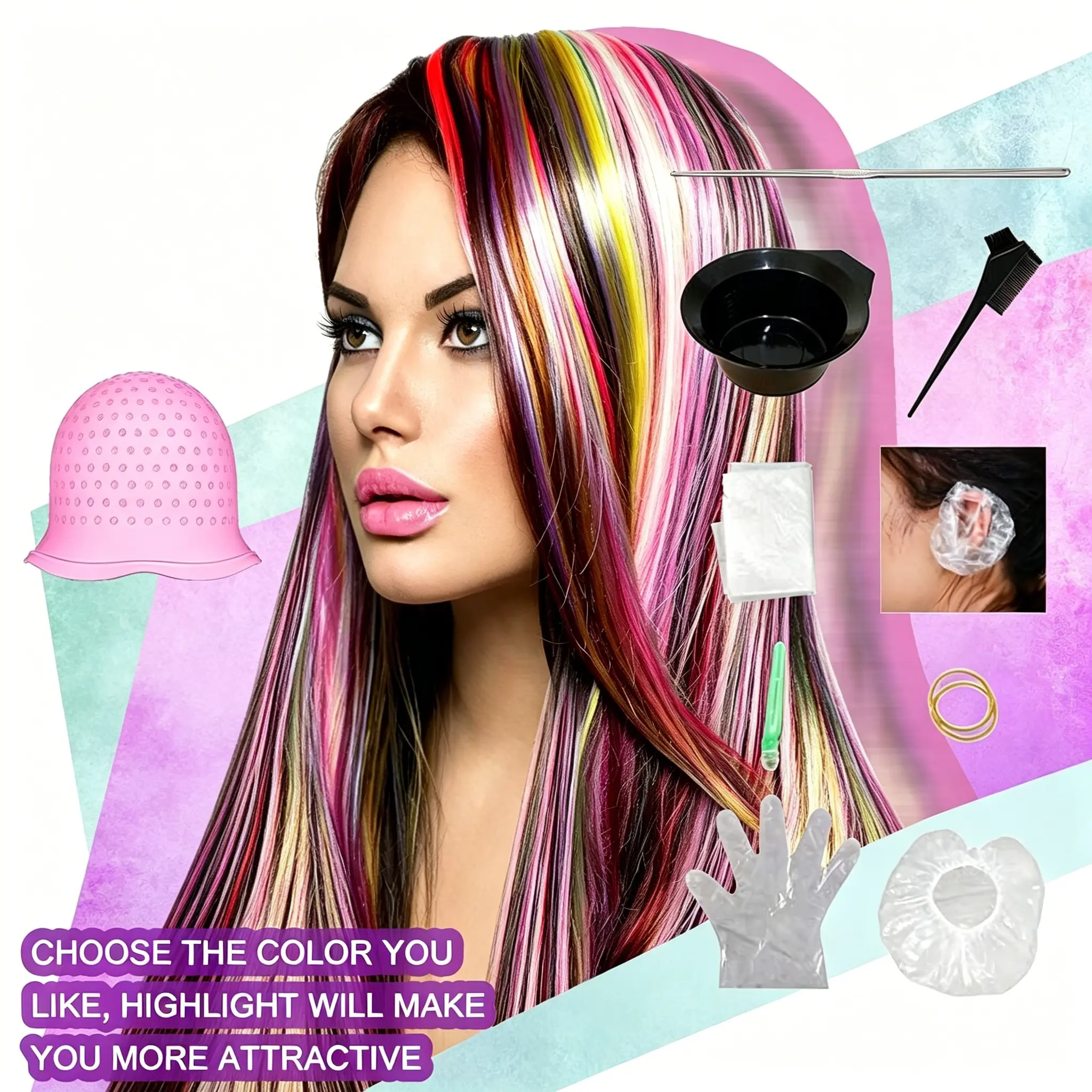 Professional hair highlight kit with 8 perforated caps and hooks. Reusable silicone material. Great for salon use and at-home hair highlighting