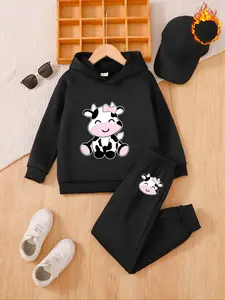 Cute Cartoon Cow Print Hoodie Set for Girls, Warm Fleece Lined, Windproof, Casual Fall & Winter, Soft and Cozy