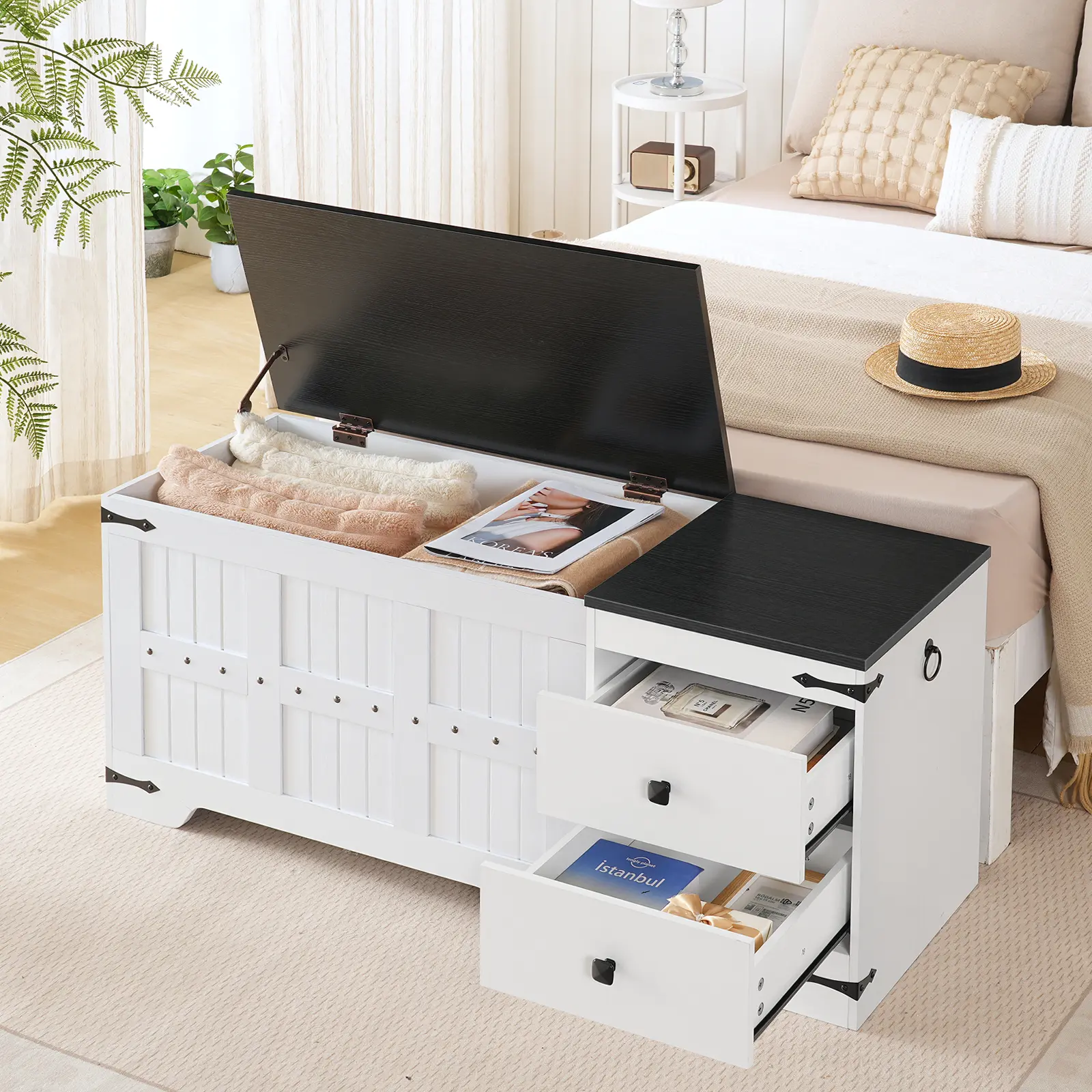 HOOBRO Storage Bench with Dual Drawers, Safe Hinge, Extra-Long Thick Top and Easy Assembly, Multipurpose Use Storage Trunk Toy Box for Living Room, Bedroom, White and Black , Extra-Long Top #SummerVibes, Room Storage, House Organizers