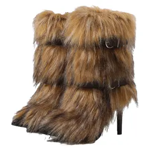 Plush belt buckle thin heel mid leg boots, fashionable and spicy style, autumn and winter warm boots