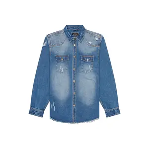 VICTORIOUS Distressed Denim Shirt – Heavyweight Button-Up with Pockets