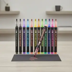 12/36pcs Color Double Line Contour Pen - Dreamy Sparkling Metal Marking Pen, DIY Album Fluorescent Pen, Black Card, Collage, Crafts, Ceramics, Stones, Glass, Birthday Gifts, Christmas Gifts, Color Pen, Beautiful and Cheap Stationery, Paint Pens Markers