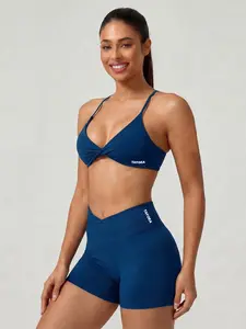 Tayoea Seamless Sports Bra Front Knot Gathered Back Thin Straps, V Cross Waist Lift Hip Tight Fit Shorts, Suitable for Indoor Outdoor Fitness Running Yoga Strappy Workout Bra, Strappy Sports Bras