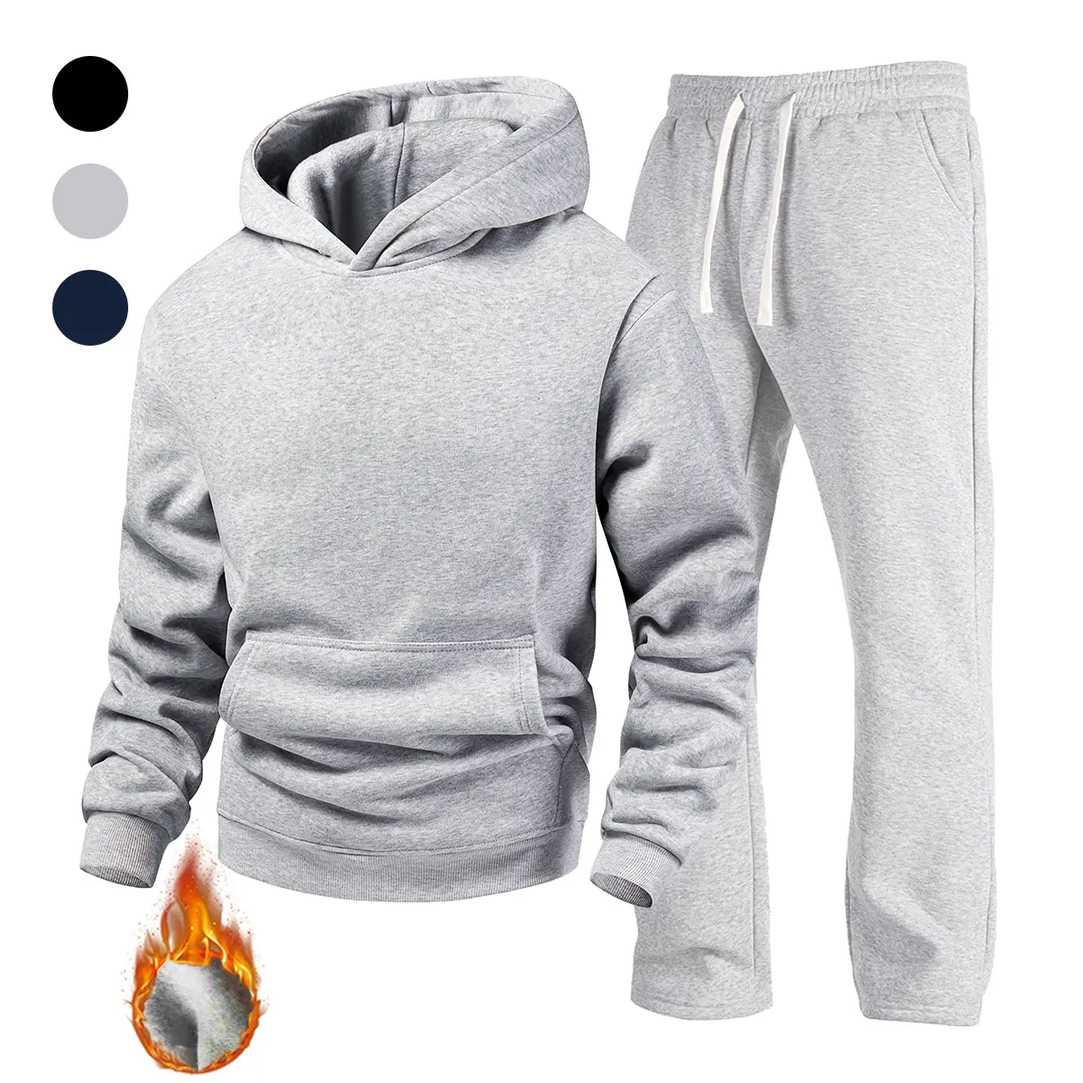 Men's Casual Fleece Tracksuit, 2-Piece Set in Solid Colors with Black Hoodie and Drawstring Sweatpants for Outdoor Sports, Men's Sweatpants, Long Sleeve, Casual Wear, Male, Hooded Pocket, Full Pants, Sporty Chic