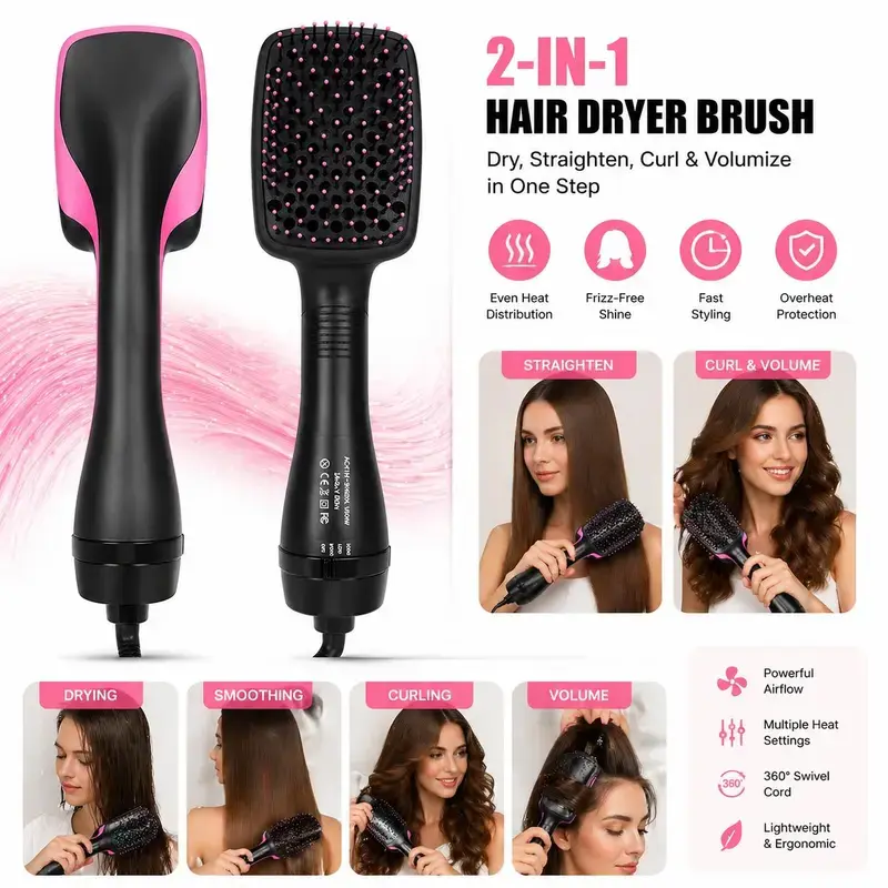 Hot Air Brush, 2-in-1 Hair Dryer and Volumizing Styler, Anti-Frizz Straightener for Daily Styling and Soft Curls with Lightweight Handle, Beauty Products, Hair Transformation
