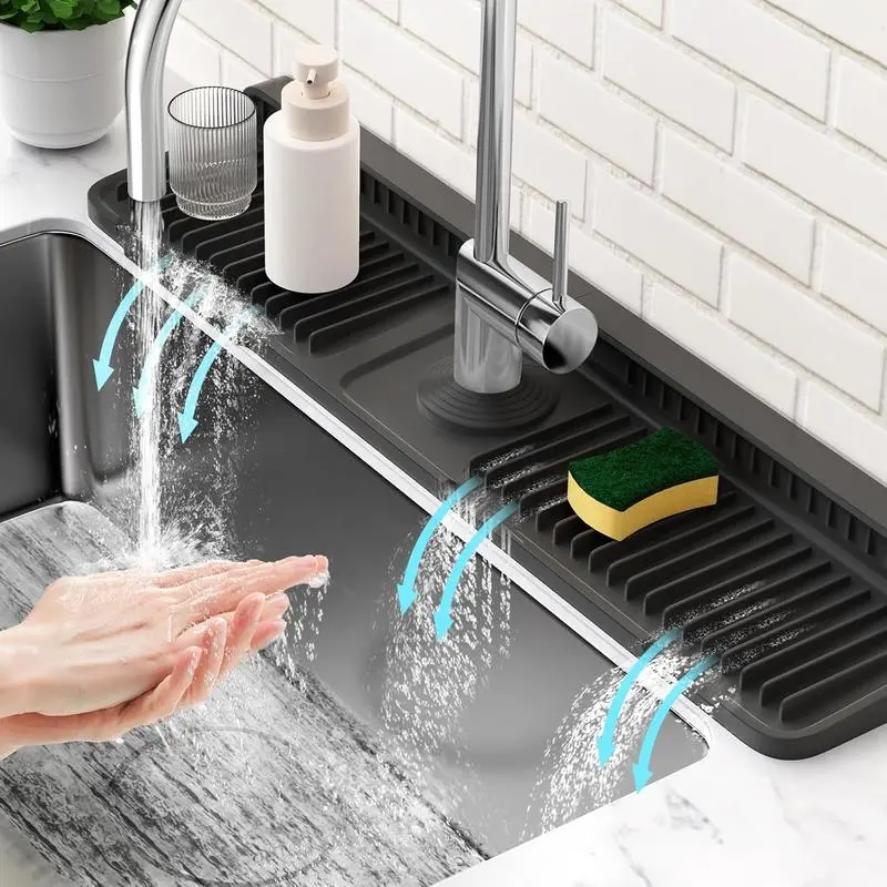 Kitchen Sink Faucet Mat - Silicone Folding Splash Guard with Button Lock, Draining Kitchen Sink Accessories
