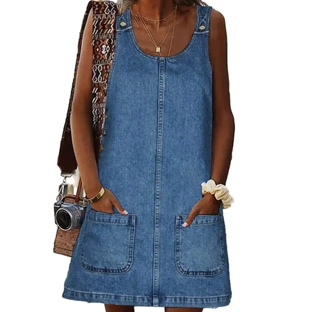 Imily Bela Women's Sleeveless Casual Denim Dress Crewneck Vintage Overall Mini Dress with Pockets