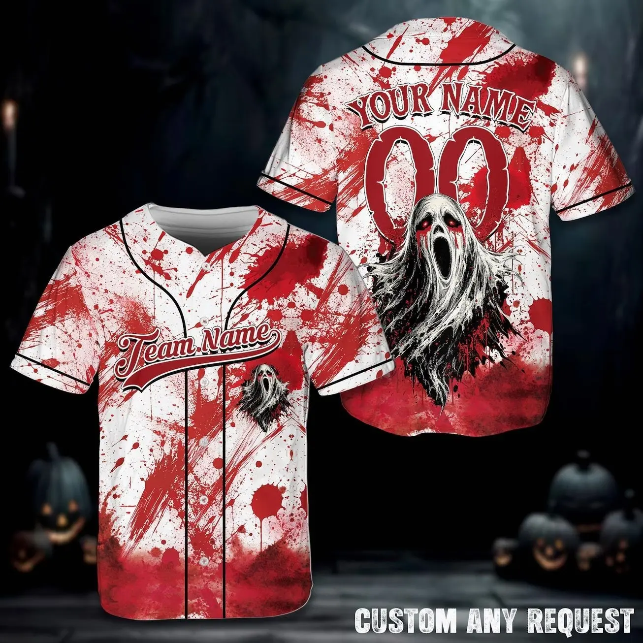 Personalized Bloody Ghost Halloween Baseball Jersey, Custom Name Number Horror Sports Shirt with Blood Splatter Design for Halloween Party
