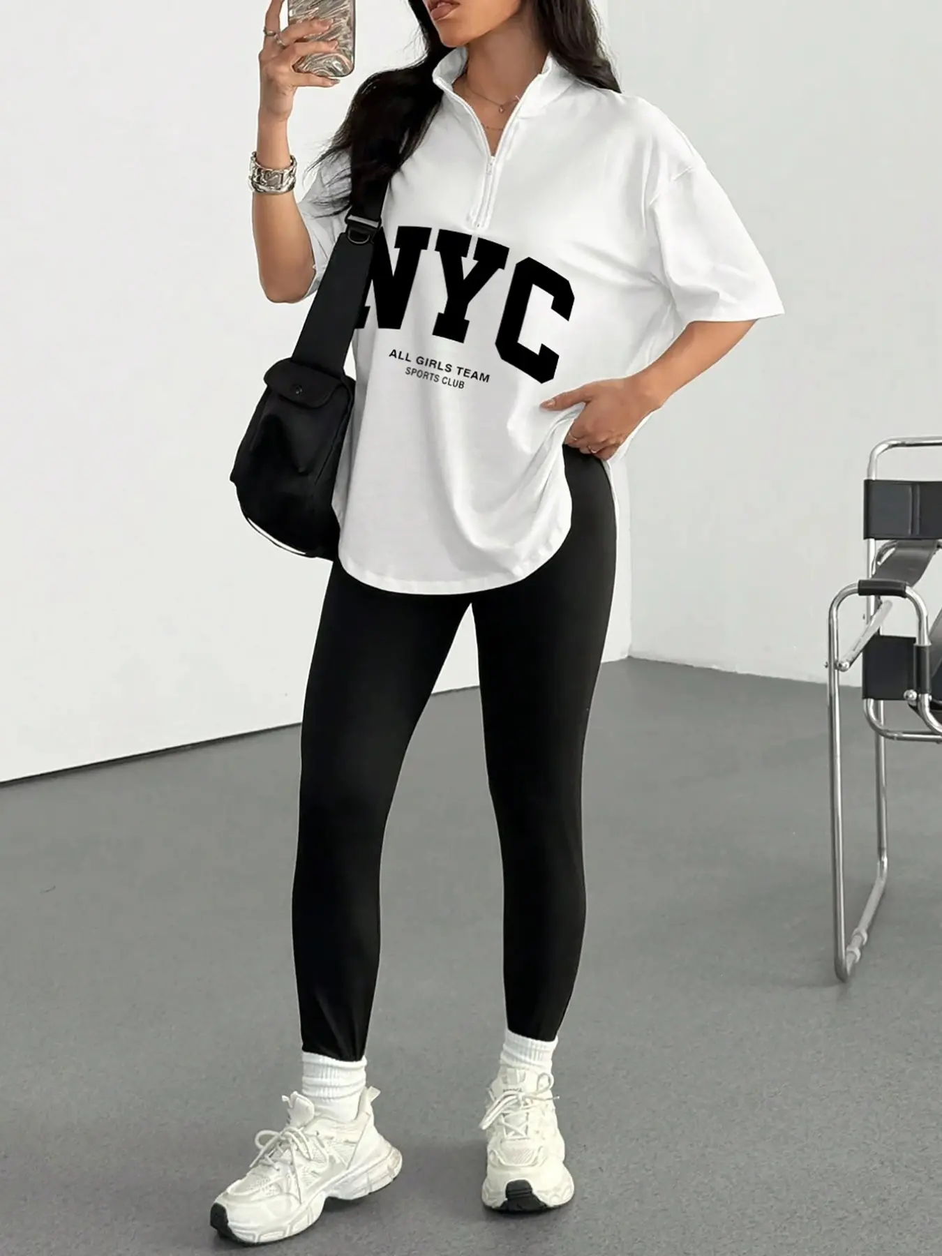 Women's Casual Sportswear Set, Spring Summer Loose Short Sleeve Half Zip T-Shirt, Nyc Print, Tight Fit Pants, Youth Daily Wear, Athleisure Wear Set, Athleisure Activewear Set, Athleisure Summer Clothes, Sporty Chic Outfit, Athleisure Outfits