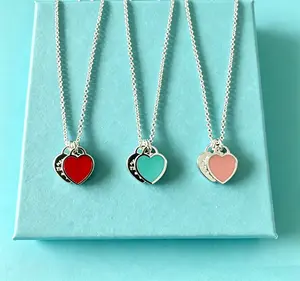 925 Silver Plated Peach Heart Necklace Blue Heart Pink Heart Pendant necklace Women's Jewelry Accessory Light Luxury