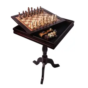 3-in-1 Wooden Chess Checkers Backgammon Table, Tabletop Combo Game Set
