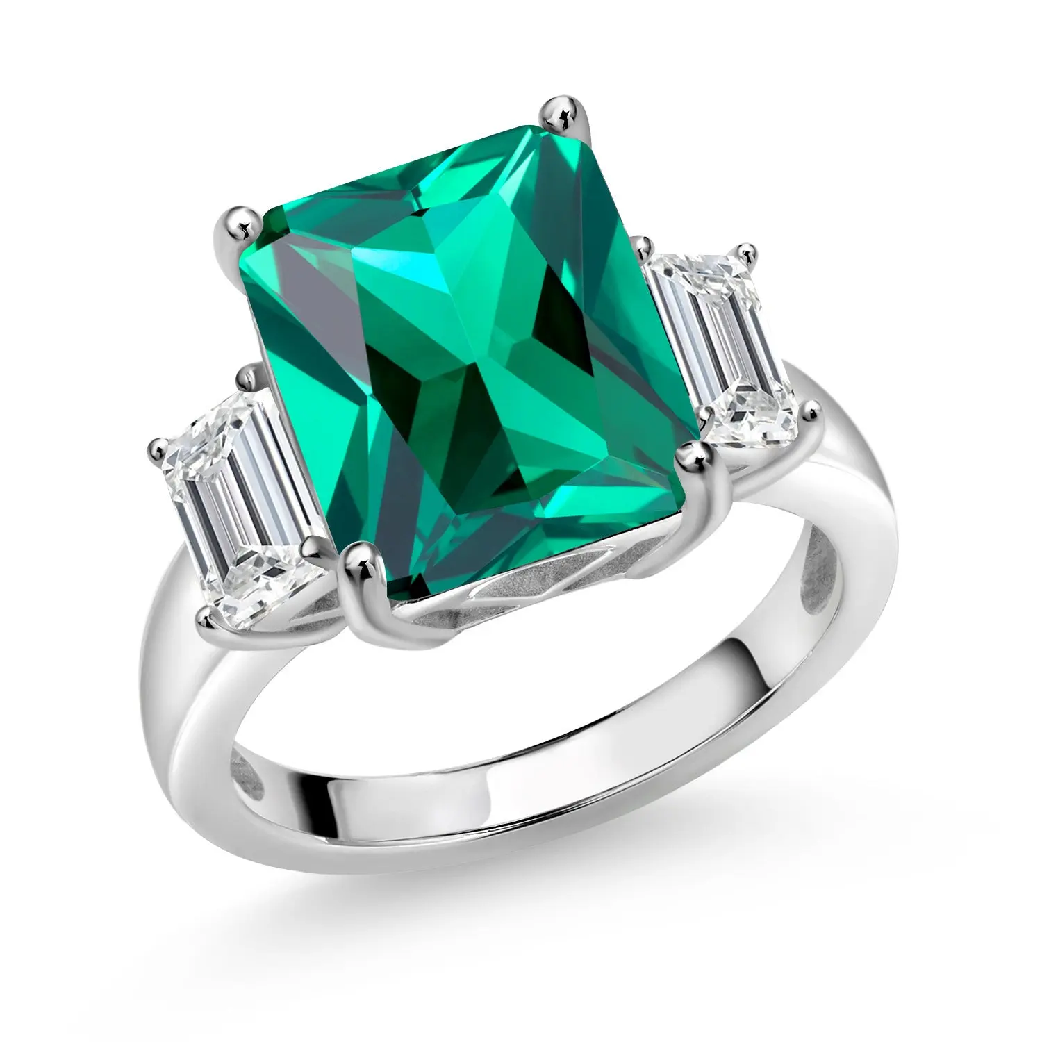 925 Sterling Silver Green Nano Emerald and Lab Grown Diamond Engagement Ring For Women | 6.78 Cttw | Emerald Cut 12X10MM | Gemstone May Birthstone