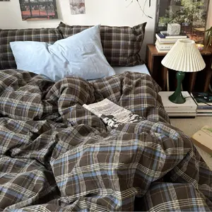 Twin Size Brown Blue Gingham Duvet Cover Set Vintage Buffalo Plaid Bedding Set for Girls Boys, Grid Pattern with Zipper Closure and 1 Pillowcase