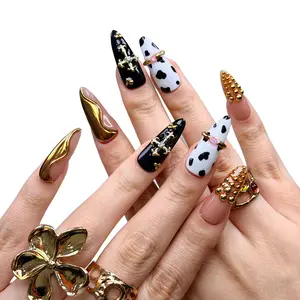 KissMuse Nail | GLAM COW PRINT Press On Nails | 3D Gold Chrome Accents | Handmade Faux Acrylic Nails | Birthday Party Nail Gift