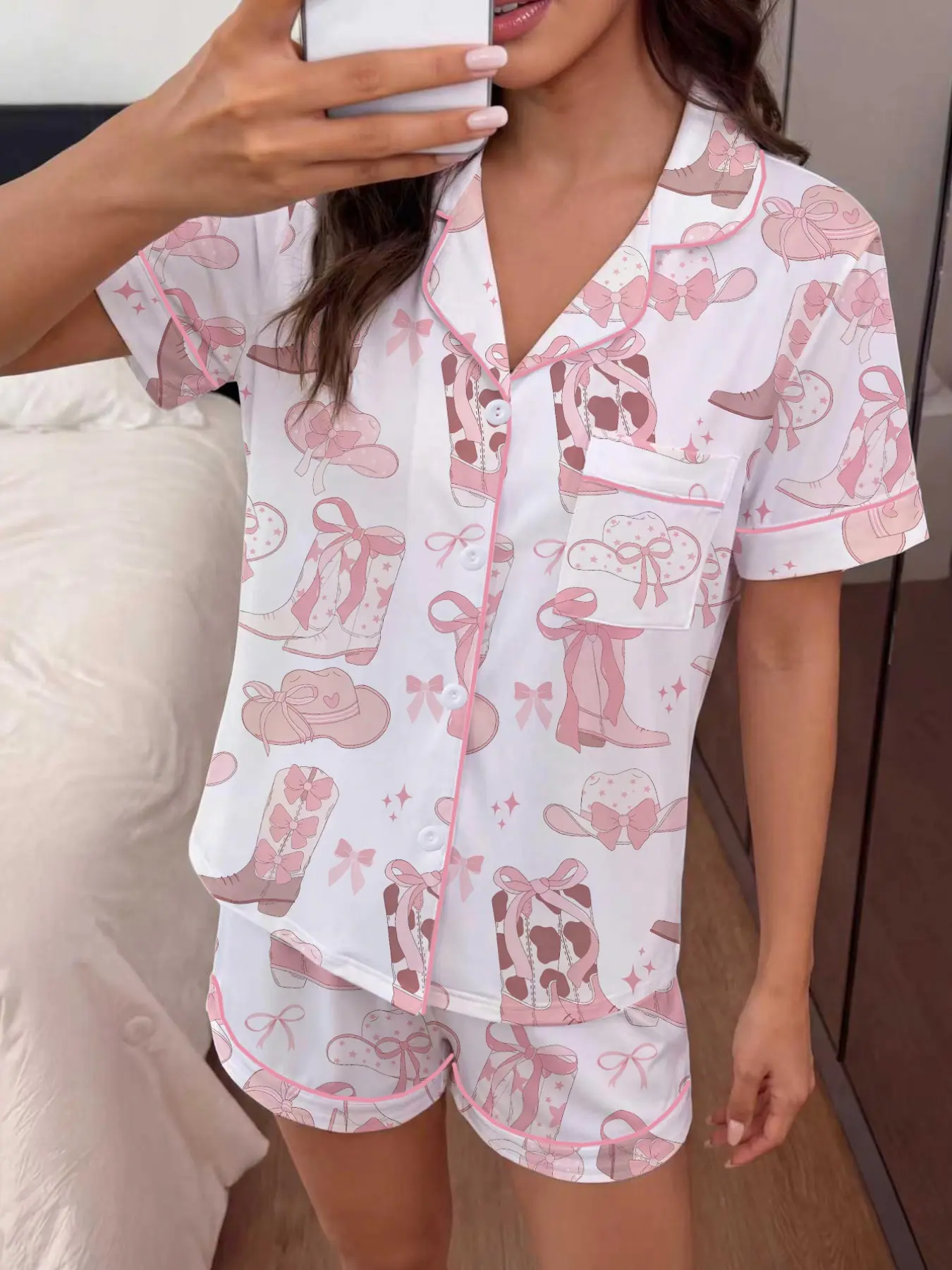 Women's Western Cowboy Style Pajama Set, Pjs, Home Loungewear, Short Sleeve Button Front Top and Elastic Shorts, Elegant Fitted Sleepwear and Loungewear for All Seasons
