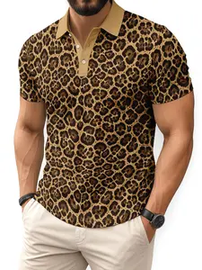 Men's Fashion Leopard Print Polo Shirts, Spring & Fall Casual Fitted Top, 3D Printed Street Style, Short Sleeve Polo Tee