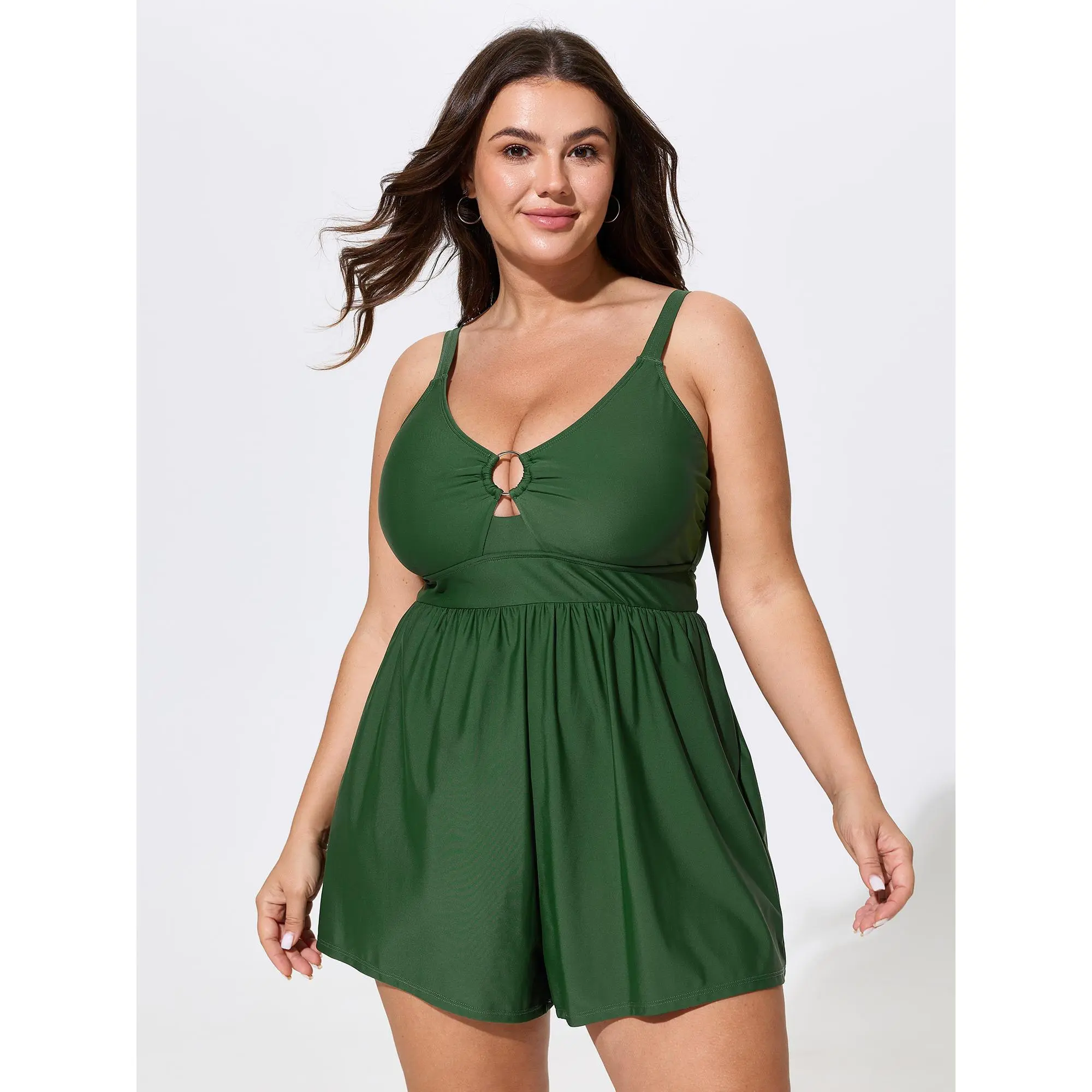 BloomChic Plus Size Sleeveless Swimsuit Romper, Solid Tunic Nylon Elastane Beachwear with Cut-Out, Pockets & Adjustable Straps, Plus Size Swimsuit, Sleeveless Swimwear, Swimsuit Beachwear