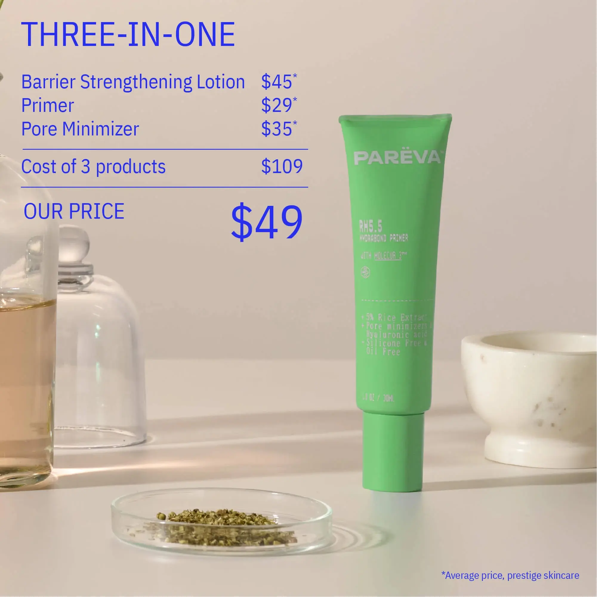 Pareva Hydrabond Primer | Hydrating Pore Minimizing Face Primer with Hyaluronic Acid & 5% Rice Extract | 8 Hour Long Wear Makeup Primer for Oily Combination Skin, Silicone Free, 1 Fl Oz