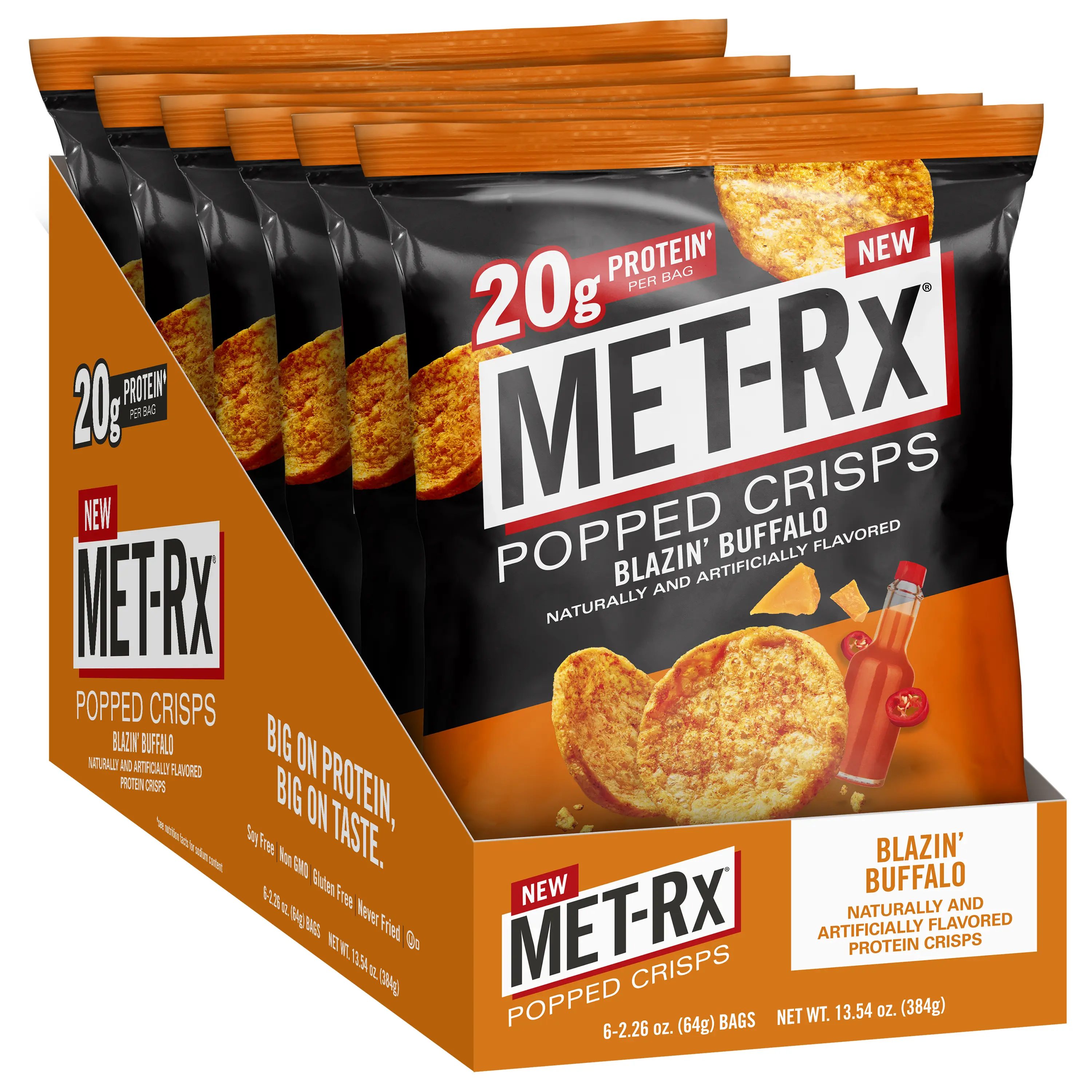MET-Rx Popped Crisps Blazin' Buffalo | 6 Bags | 20g Protein | Crunchy Protein Snack