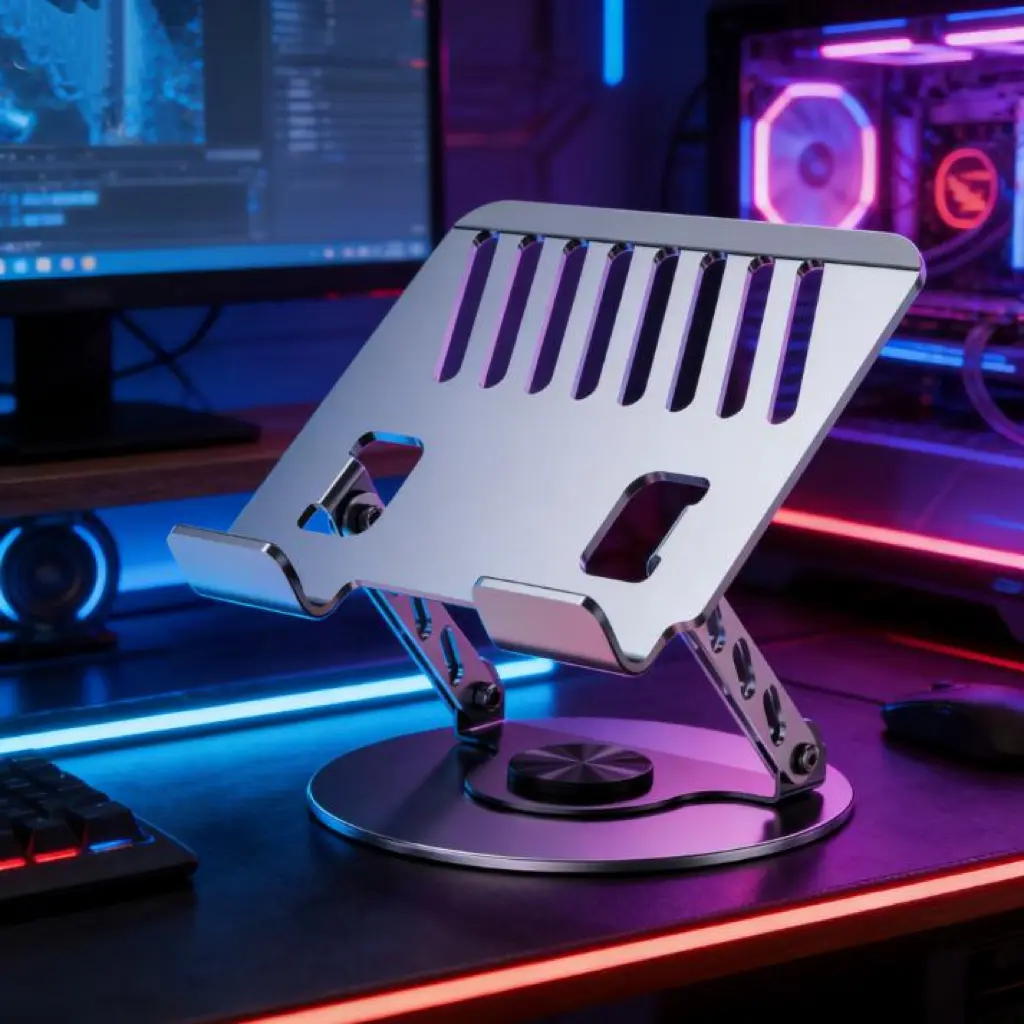 Adjustable carbon steel laptop stand with a 360° rotating base, ergonomic foldable design, multi-angle riser for gaming and work, ventilated holder with heat dissipation for 10–17" laptops, sturdy and portable desk accessory