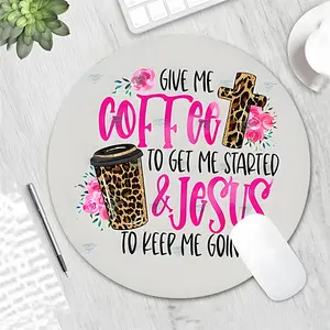 Coffee and Jesus Leopard Print Design Lettering Round Gaming Mouse Pad, Desktop Decorative Protective Pad, Rubber Anti-slip Lockedge Work Pad, Non Slip Mousepad, Small Size for Laptop, Desktop Games, Work, Family