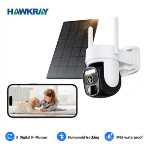 Hawkray 360° Low Power Solar Camera with Spotlight, PIR Motion Detection, Color Night Vision, and Two-Way Talk 2K FHD WiFi CCTV Security Cam-IP66 Waterproof IR Night Vision Flash Light Solar Rechargeable