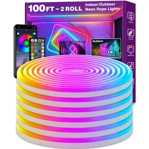 100Ft Neon Rope Lights,Flexible Led Rope Lights Control with App/Remote,Multiple Modes Rope Lights,IP65 Outdoor RGB Led Neon Light Waterproof,Music Sync Gaming Led Neo Light Strip for Bedroom Decor