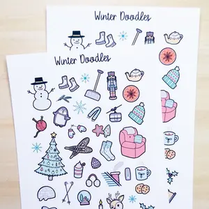 Winter Doodles Deco Planner Sticker Sheet Snow Penguin Deer Igloo Blanket Tree Nutcracker Tea Cozy Mittens Cardinal Ice Bujo Cute Kawaii