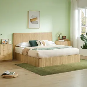 ARCH King Size Lift Up Storage Bed Frame, Wooden corrugated curved lines, Hydraulic Storage/No Box Spring Needed, Oak.