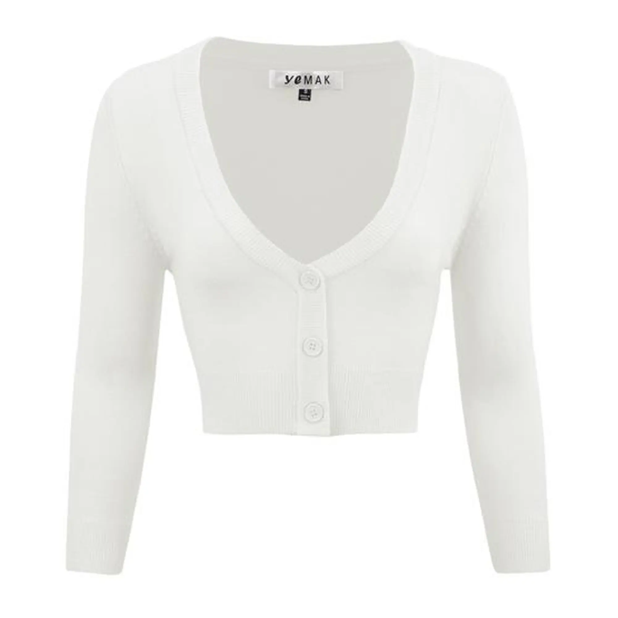 Women's Cropped Cardigan 3/4 Sleeve V-Neck Basic Button Down Knit Sweater White