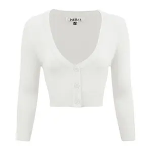 Women's Cropped Cardigan 3/4 Sleeve V-Neck Basic Button Down Knit Sweater White