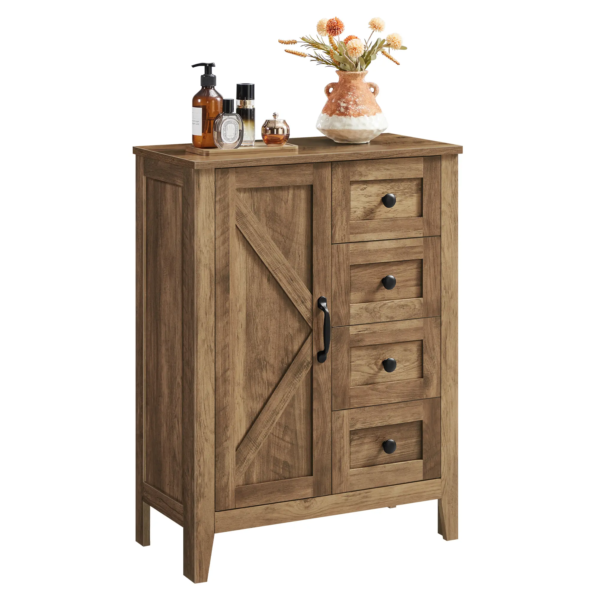VASAGLE LIRY Collection - Storage Cabinet, Farmhouse Bathroom Floor Cabinet with 4 Drawers, Freestanding Storage Organizer, Barn Door, Adjustable Shelf