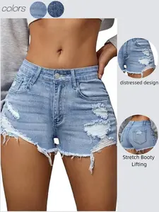 Emery Rose Y2K Style Ripped Raw Edge Denim Shorts, Fashion Unisex Clothing, Casual Wear, All Seasons, Plain Pattern