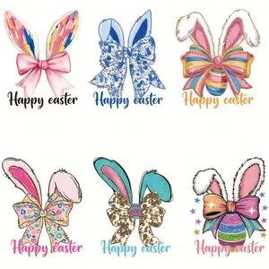 Easter Bunny Bow Cute Iron-on Vinyl Transfers, 6 Counts/set Washable DIY Heat Transfer Patches for T-shirts, Pillows, and Backpacks
