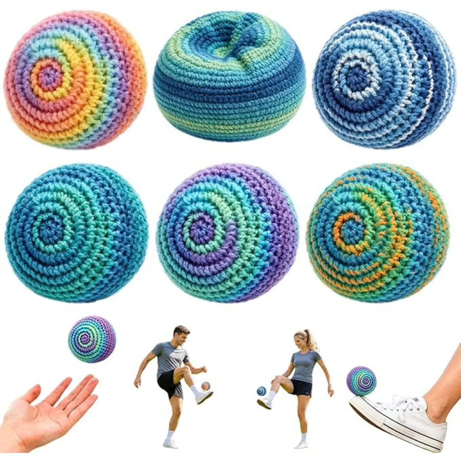 6PCS Spiral Crochet Hacky Sack Footbag Set, 2026 Viral Gradient Knitted Kick Balls for Kids & Adults, Handmade Juggling Toss Sandbags, Soft Durable Outdoor Toys for Party, Playground, Travel & Stress Relief