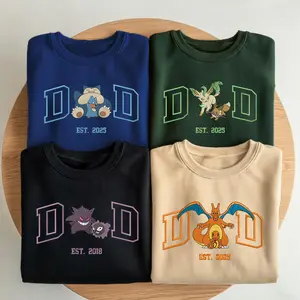 Cute Monster Embroidered Dad Sweatshirt – Personalized “DAD EST.” Crewneck Gift for Fathers