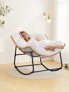 【Double-Side Fabric & Valentine's Day gift】ONBRILL Oversized Indoor Outdoor Rocking Chairs, Comfy Papasan Rocking Chair with Padded Cushion, Rattan Wicker Lounge Chair, Modern Reading Accent Chair for Balcony Garden, LivingRoom Furniture,Christmas Gift