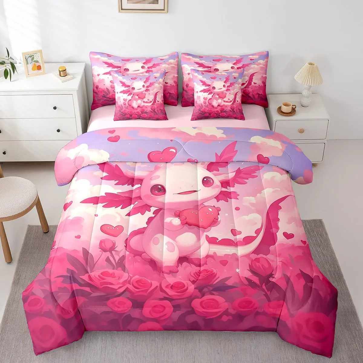Feelyou 7-Piece Axolotl Bedding Set - Pink Rose Flowers Wildlife Comforter Set, Twin Size Bed-in-A-Bag with Comforter for Kids, Comforter Twin Size