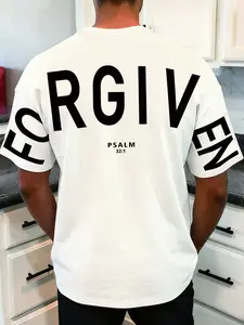 1 Piece Men‘s “FORGIVEN” Christian T-Shirt, Biblical Verse Psalm 32:1 Print, Biblical Reference, Breathable Cotton Round Neck Fitted Crewneck For Casual Faith-Based Daily Wear And Church Apparel, Menswear