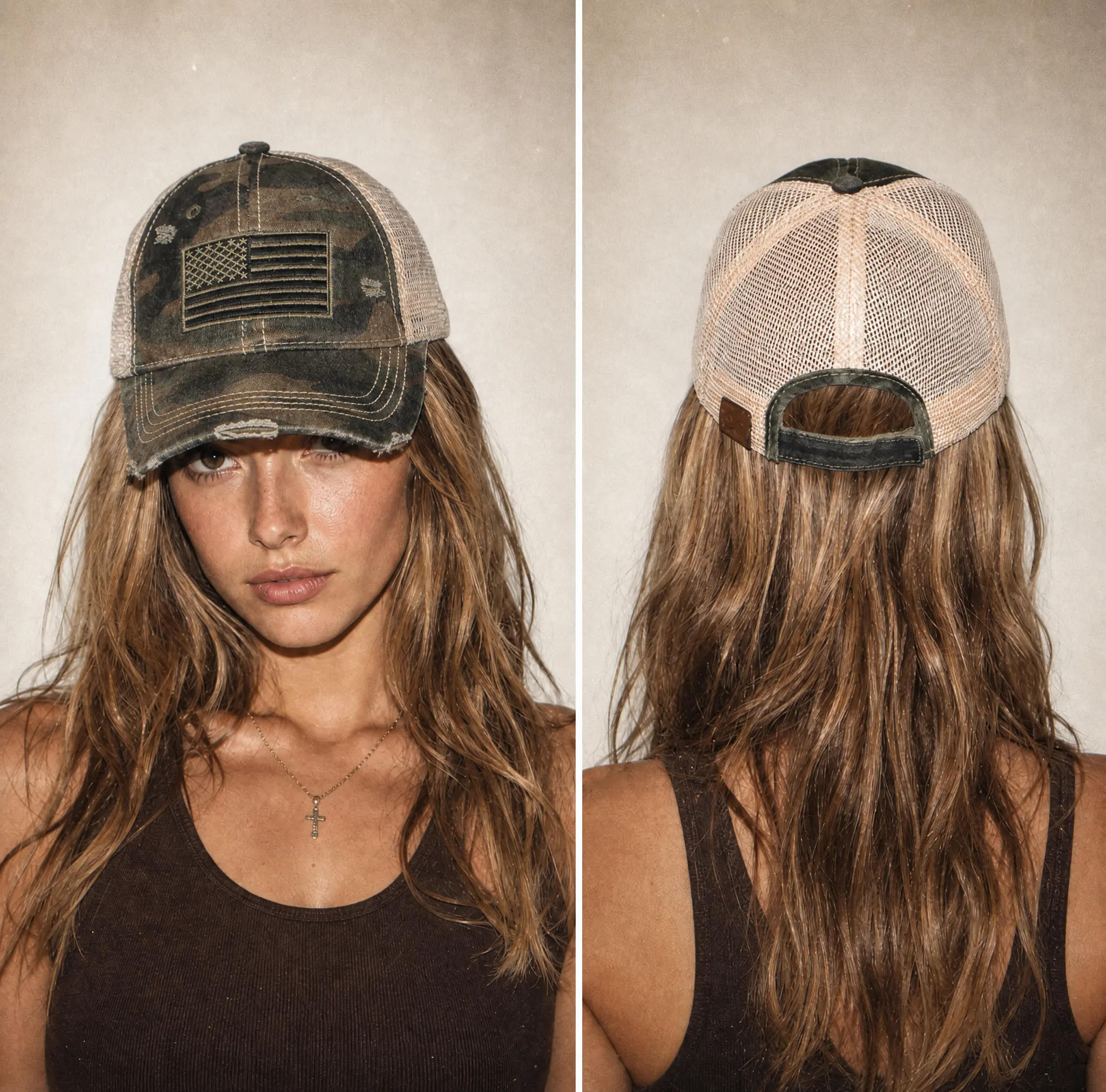C.C Camo USA Flag Baseball Cap for Women Distressed Patriotic