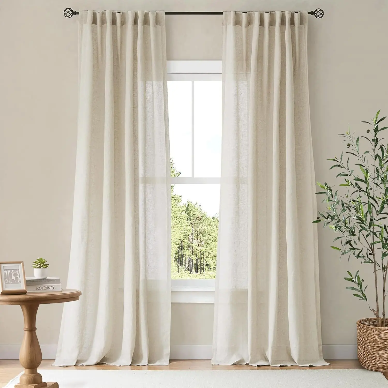 NICETOWN Cotton Linen Blend Curtains - 2-Piece Rod Pocket & Back Tab Thick Flax Semi Sheer Drapes, Light Filtering Privacy Drapes for Bedroom, Living Room